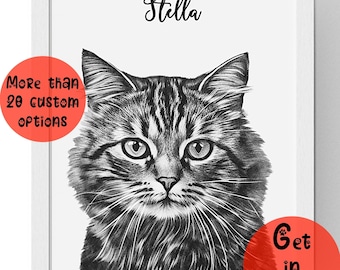 Sketched cat Pet sketch from photo Digital hand drawn custom pet portrait Black and white pet sketch Pet sympathy gift Pet lover gift