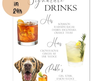 Custom pet bar menu sign His and Hers signature drink with Dog custom drink Personalised wedding pet sign DIGITAL DOWNLOAD to print