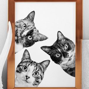 Multi-Haustier Sympathie Geschenk Katze Gemälde vom Foto Schwarz-Weiß-Katze Lustiges Haustierporträt Digitaler Download