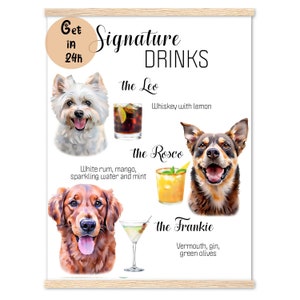 Placa de casamento aquarela Cachorro bebida personalizada Coquetel exclusivo Decoração de casamento Placa para impressão Três animais de estimação + Três bebidas DOWNLOAD DIGITAL para impressão