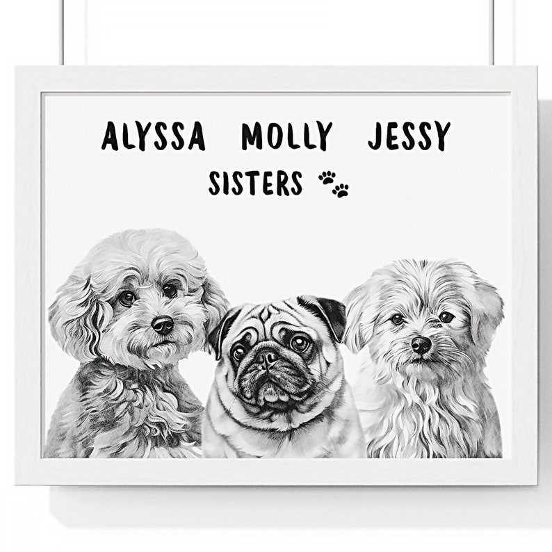 May include: Black and white drawing of three dogs, a poodle, a pug, and a Maltese, with the text "Alyssa Molly Jessy Sisters" above them.