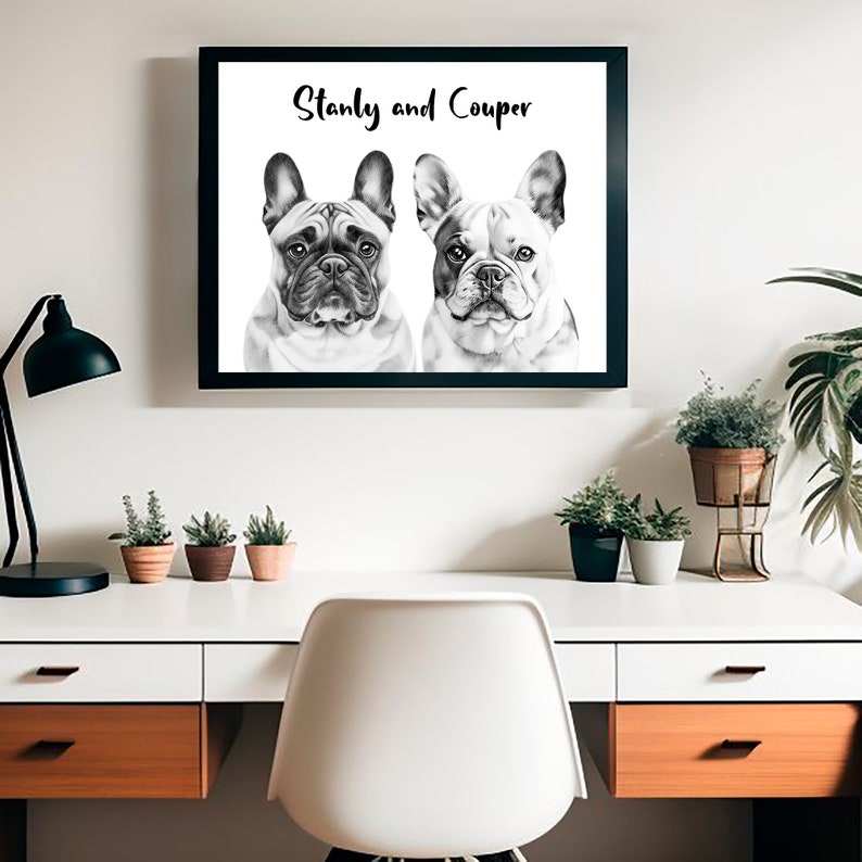 May include: Black and white drawing of two French Bulldogs, named Stanley and Cooper, in a black frame on a white wall.