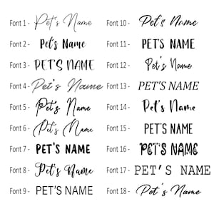 May include: A chart displaying 18 different font styles for the phrase "Pet's Name".