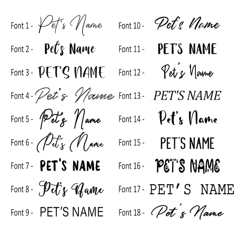 May include: A chart displaying 18 different font styles for the phrase "Pet's Name".