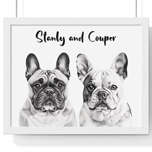 May include: Black and white drawing of two French Bulldogs named Stanley and Cooper. The dogs are looking directly at the viewer.