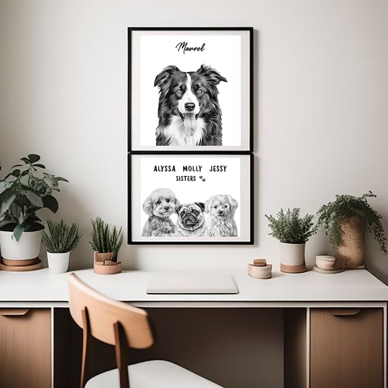 May include: Two black and white framed prints of dogs. The top print features a black and white border collie with the name "Marlee" written above it. The bottom print features three dogs, a poodle, a pug, and a Maltese, with the text "Alyssa Molly Jessy Sisters" written above them.