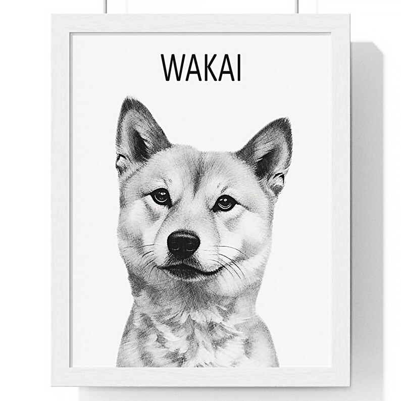 May include: Black and white illustration of a Shiba Inu dog with the name "WAKAI" written above it.