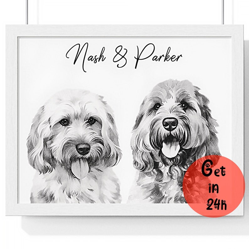 May include: A black and white drawing of two dogs, one with white fur and one with brown fur. The dogs are looking at the camera and have their tongues sticking out. The text 'Nash & Parker' is written above the dogs. The text 'Get in 24h' is written in a red circle in the bottom right corner of the image.
