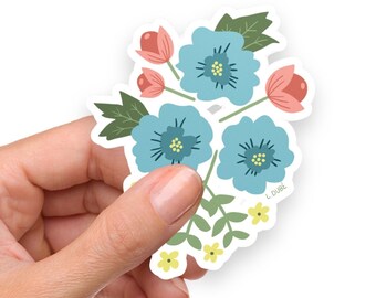 Turquoise Pink Floral Vinyl Decal | Flower Kiss-Cut Notebook Sticker | Pretty Botanical Water Bottle Label | Cheerful Nature Laptop Decor