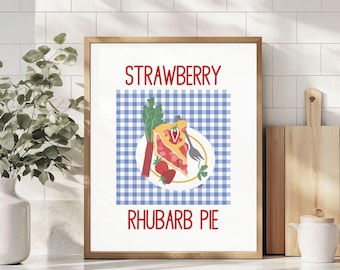 Strawberry Rhubarb Pie Food Wall Art | Hand-Drawn Fruit Print Poster | Cute Home Decor | Cheerful House Accent | Kitchen Decoration Gift