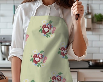 tablier floral rose rouge | Fleur dessinée à la main accessoire de cuisine | Blouse de jardin botanique | Salopette artisanale inspirée de la nature | Cadeau pour elle