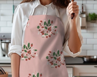 Pink Strawberry Field Kitchen Apron | Hand-Drawn Fruit Cooking Accessory | Floral Baking Smock Cover | Botanical Garden Pinafore