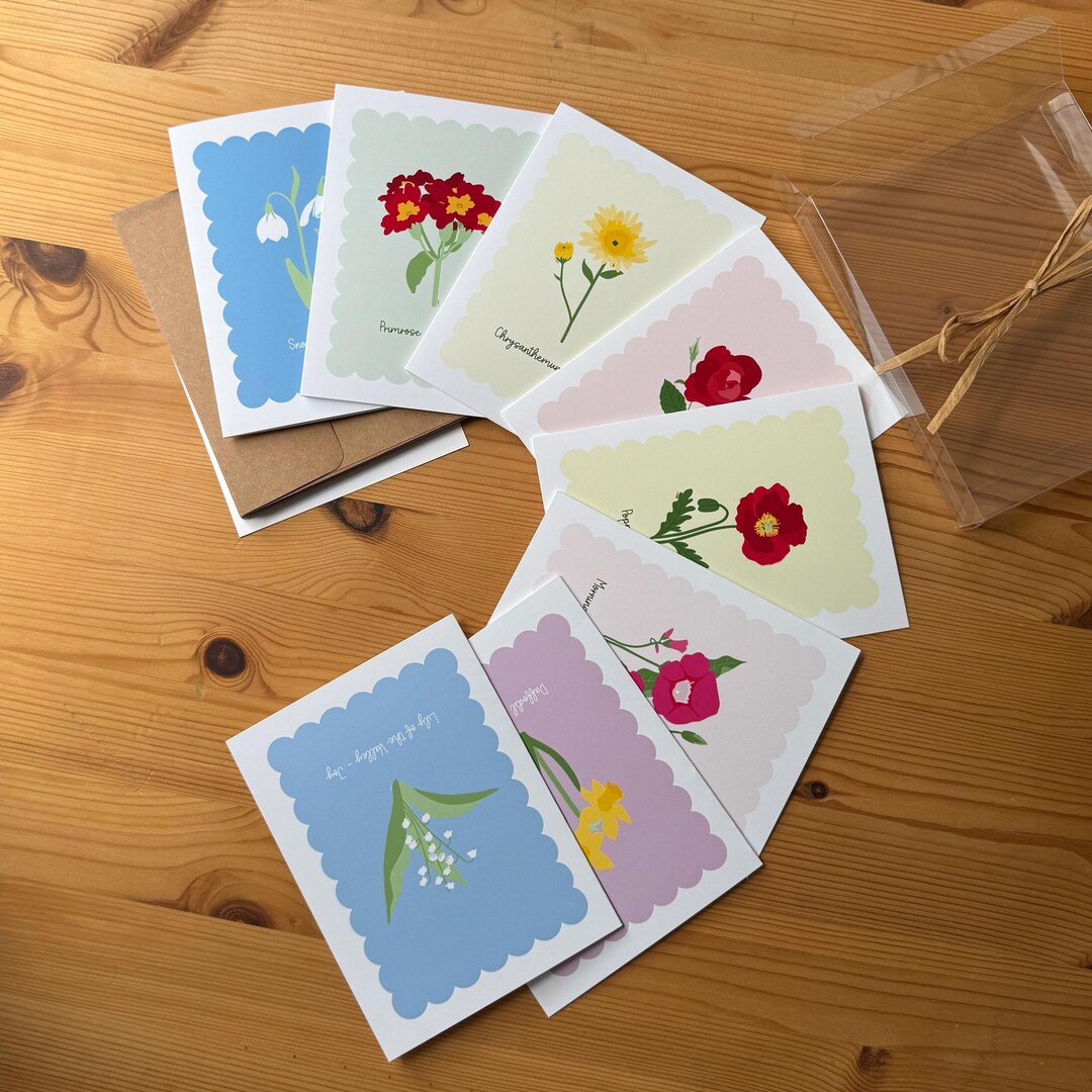 Note Card Set Flower Meaning | Hand-drawn Floral Cards Pack of 8 ...
