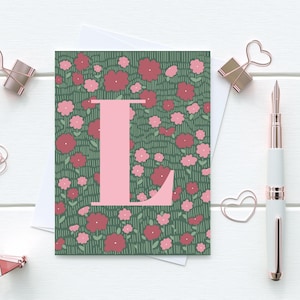Juego de tarjetas con notas florales en rosa y verde con monograma / Paquete de 10 tarjetas con flores dibujadas a mano / Papelería personalizada inspirada en la naturaleza y la botánica