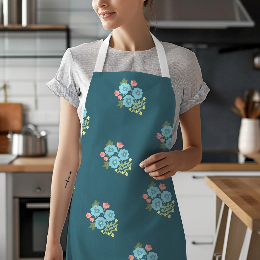 Turquoise Pink Floral Apron Hand-drawn Flower Kitchen Accessory ...