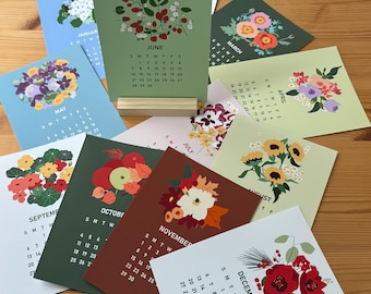 2026 Desk Calendar Floral & Fruit | Hand Drawn Flower 5x7 Monthly Cards | Colorful Botanical Office Decor | Nature Inspired Stationery Gift