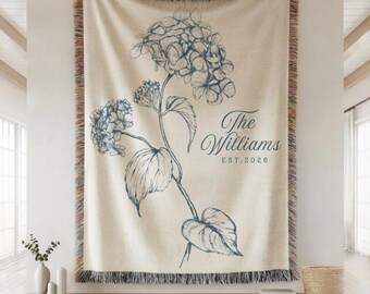 Personalized Family Name Blanket: Custom Last Name Floral Botanical Woven Throw, Wedding Anniversary Housewarming Keepsake Gift