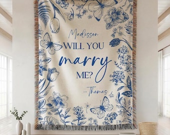 Will You Marry Me Blanket: Personalized Proposal Sign Custom Names Floral Woven Throw, Romantic Engagement Keepsake Gift