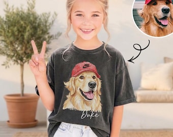 Custom Pet Photo Kids Shirt: Personalized Name Dog Cat Portrait Youth Toddler Tee, Birthday Gift Daughter Son Dog Lover