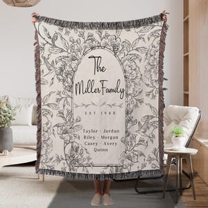 May include: A beige throw blanket with a floral design and fringe. The center features an oval with the text "The Miller Family" and the year "EST. 1988". Below the text are names: Taylor, Jordan, Riley, Morgan, Casey, Avery, and Quinn.