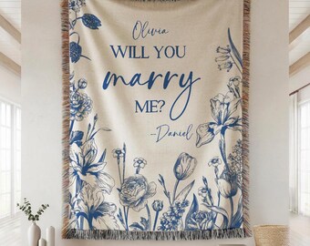 Personalized Marry Me Blanket Sign: Custom Names Floral Botanical Proposal Throw, Unique Engagement Keepsake Decor Gift
