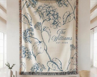 Custom Last Name Wedding Blanket: Personalized Family Name Botanical Woven Throw, Bridal Shower Anniversary Housewarming Keepsake Gift