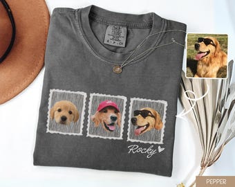 Custom Pet Photo Stamp Shirt: Personalized Name Dog Cat Photos Comfort Colors Tee, Dog Mom Pet Lover Keepsake Gift