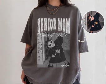 Custom Photo Senior Mom Shirt Class 2027: Personalized Childhood Picture Comfort Colors Tee, Proud Graduate Mother Keepsake Gift