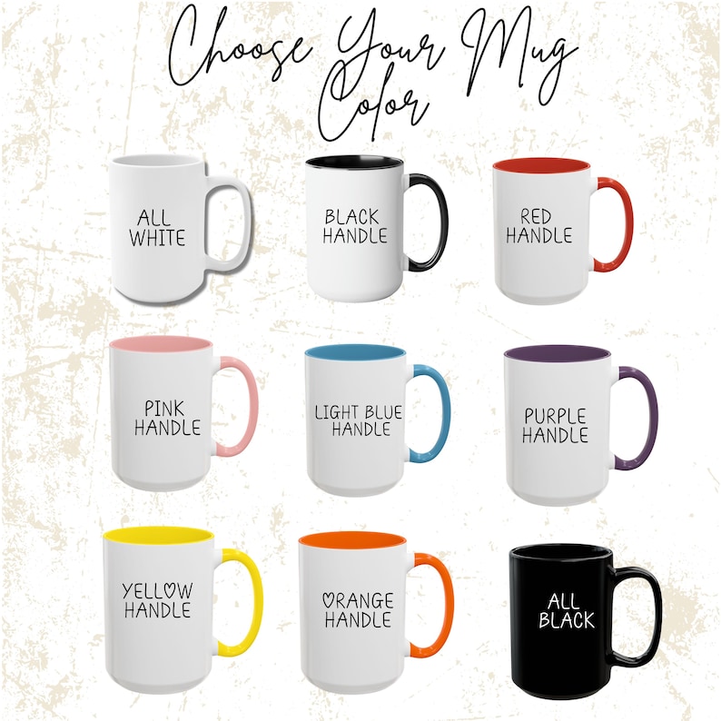 Peut inclure: Neuf options de couleurs diff&eacute;rentes pour une tasse en c&eacute;ramique blanche avec une bordure et une poign&eacute;e de couleur. Les options de tasse comprennent tout blanc, poign&eacute;e noire, poign&eacute;e rouge, poign&eacute;e rose, poign&eacute;e bleu clair, poign&eacute;e violette, poign&eacute;e jaune, poign&eacute;e orange et tout noir.
