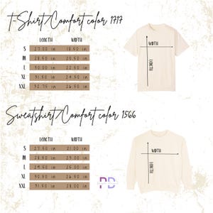 May include: Cream-colored t-shirt and sweatshirt with size charts. The t-shirt chart shows lengths from 27.00 to 32.75 inches and widths from 18.50 to 26.50 inches. The sweatshirt chart shows lengths from 27.50 to 31.50 inches and widths from 21.00 to 28.00 inches.