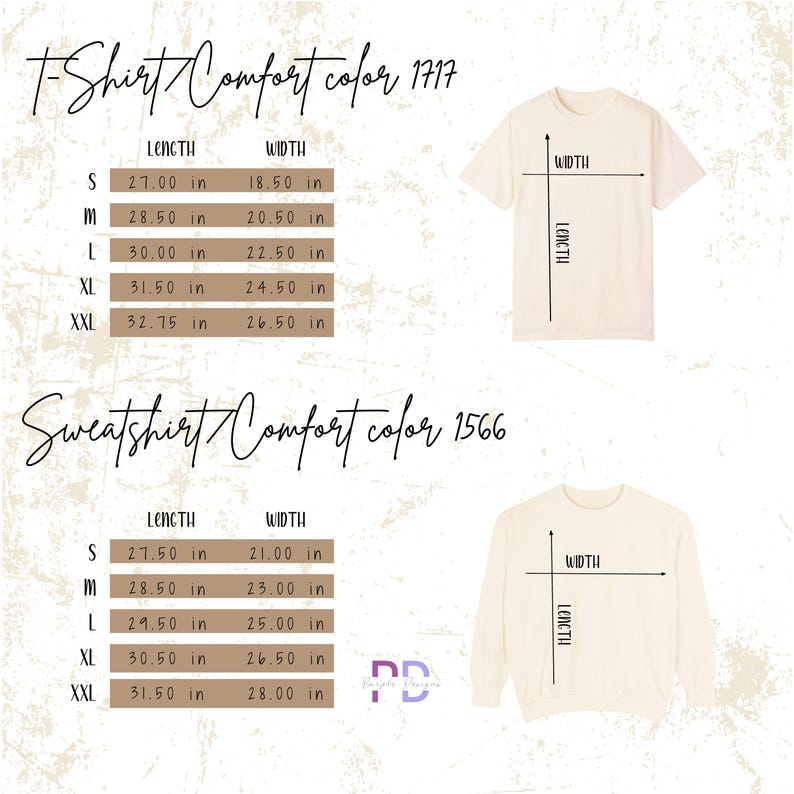 May include: Cream-colored t-shirt and sweatshirt with size charts. The t-shirt chart shows lengths from 27.00 to 32.75 inches and widths from 18.50 to 26.50 inches. The sweatshirt chart shows lengths from 27.50 to 31.50 inches and widths from 21.00 to 28.00 inches.