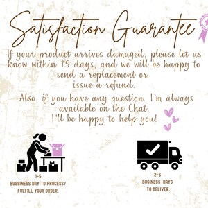 May include: A graphic with the text "Satisfaction Guarantee" in a cursive font. It includes text about replacements and refunds, along with icons of a person packing a box and a delivery truck. The text also mentions processing and delivery times.