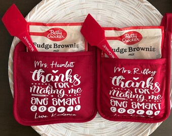 Thanks for making me one smart cookie pot holder/ teacher gift/ teacher pot holder, cookie mix, spatula set/ personalized pot holder
