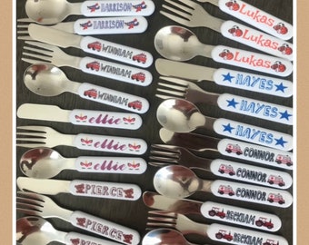 Personalized kids silverware custom kids fork, spoon, knife / baby shower gift /birthday gift sports/tractor/ unicorn/ star/ bear(free case)