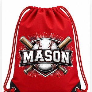 May include: Red drawstring bag featuring a baseball design with crossed bats and the name "MASON" in bold white letters. The baseball is white with red stitching. The bag has red drawstrings and black corner accents.