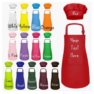 May include: A collection of colorful aprons and chef hats in various colors, including white, yellow, blue, orange, light pink, purple, hot pink, green, lime green, royal blue, forest green, maroon, and brown. One red apron has the text "Your Text Here".