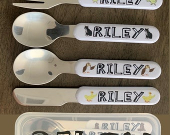 Personalized kids silverware custom kids fork, spoon, knife / baby shower gift /birthday gift sports, tractor, unicorn, star, bear set of 3