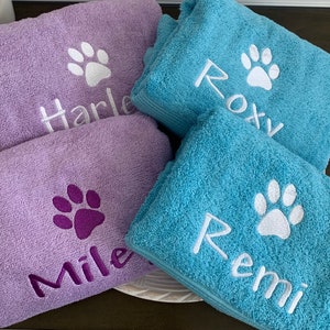 Personalized Pet towel/ Custom dog towel / paw print towel pet gift 27 x 54” purple or aqua towel