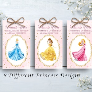 Etichette per bomboniere per la festa di compleanno della Principessa Disney, Etichette di ringraziamento in oro rosa, Etichetta di ringraziamento stampabile per il compleanno della Principessa reale