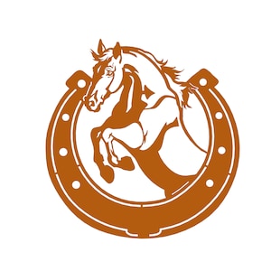 Może przedstawiać: Podkowa w kolorze brązowym z  stylizowanym  sylwetką konia skaczącego nad nią.