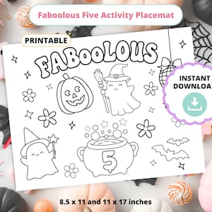 May include: A black and white printable Halloween activity placemat featuring the word "Faboolous" and Halloween illustrations such as a pumpkin, ghost, and cauldron. The placemat is available in 21.6 x 27.9 cm and 27.9 x 43.2 cm.