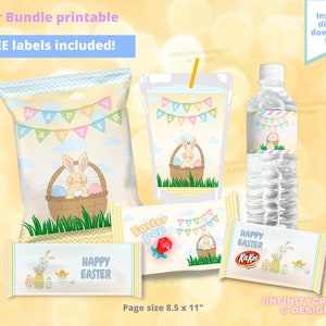 May include: Printable Easter party bundle with a bunny, eggs, and the text "Happy Easter". Includes labels for a snack bag, a drink cup, and a water bottle. The page size is 8.5 x 11 inches.