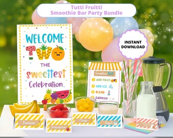 May include: A vibrant smoothie bar party bundle with a sign saying "Welcome Two The Sweetest Celebration." Includes fruit, yogurt, straws, a blender, and balloons. The image also has the text "Instant Download."