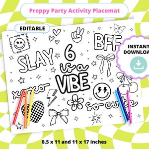 Six Preppy Birthday Activity Placemat| 6 is a Vibe | Preppy Party Printable Coloring Activity For Birthday Parties | Instant Download