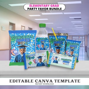 Kindergarten Elementary Chip Bag Graduation Party Favor Bundle Templates Canva | Blue Green Grad Decor