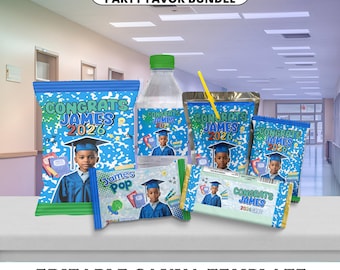 Kindergarten Elementary Chip Bag Graduation Party Favor Bundle Templates Canva | Blue Green Grad Decor