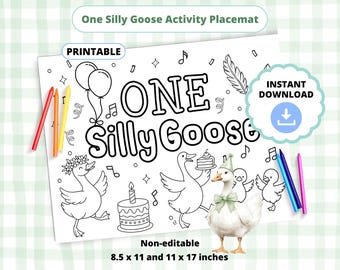 May include: A printable activity placemat with the text "One Silly Goose" and illustrations of geese, balloons, musical notes, and a birthday cake. Includes crayons and the dimensions 8.5 x 11 and 11 x 17 inches.