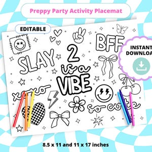 Two Preppy Birthday Activity Placemat| 2 is a Vibe | Preppy Party Printable Coloring Activity For Birthday Parties | Instant Download