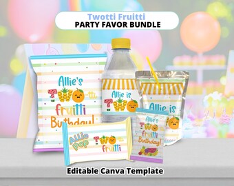 Peut inclure: Un ensemble de cadeaux de fête avec le texte "Twotti Fruitti" et "PARTY FAVOR BUNDLE". L'ensemble comprend un sachet de chips, une bouteille d'eau, une poche de jus et un emballage de bonbons, tous avec des motifs sur le thème des fruits et le texte "Allie is".