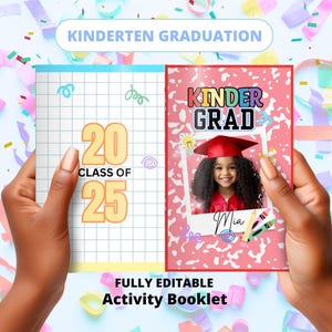 May include: A kindergarten graduation activity booklet held by hands. The left side features a grid with "20 CLASS OF 25" in yellow. The right side has a photo of a child in a graduation cap with "KINDER GRAD" text.